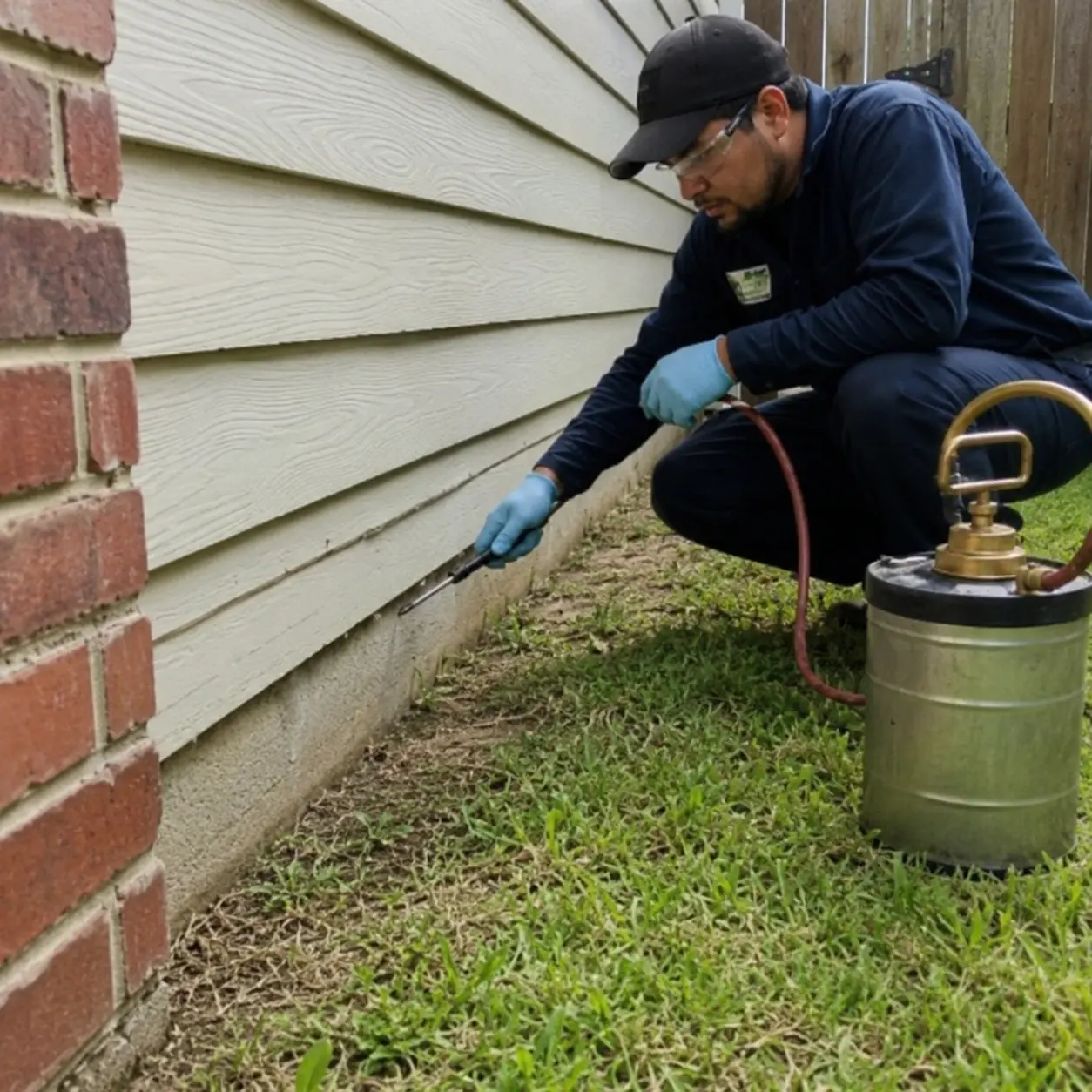 Professional pest control technician treating a home foundation in Georgetown, TX